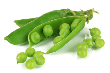 Sweet green peas isolated on white