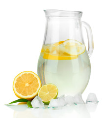 Fototapeta na wymiar Cold water with lime, lemon and ice in pitcher isolated on