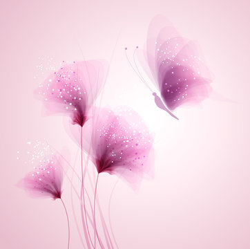Fototapeta Pastelowy motyl i delikatne kwiaty