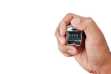 hand holding a counter with zero number in the display isolated