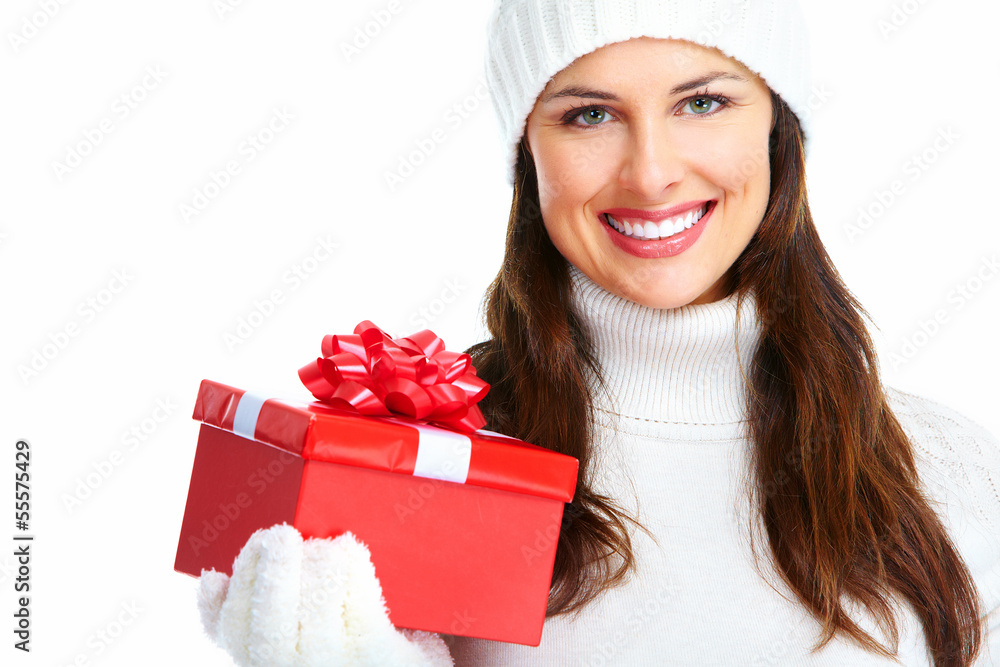 Wall mural beautiful young christmas girl with gift.