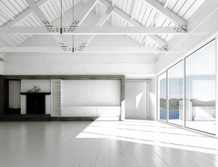 empty white room with large windows and scenic view. 