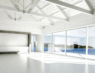 empty white room with large windows and scenic view. 