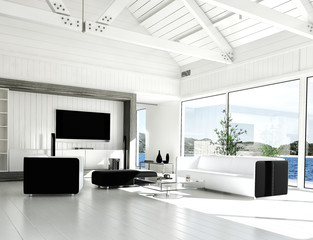 modern white living room with huge windows