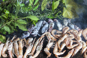 Fresh Mediterranean scampi and squids, on grill, BBQ