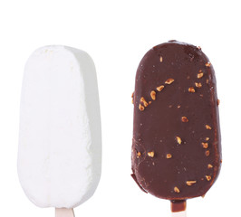Chocolate-coated and don't of ice cream on stick.