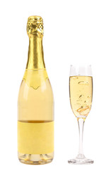Goldish bottle and glass of champagne.