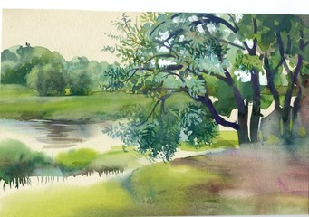 Watercolor Landscape Collection: Near the River - 55581470