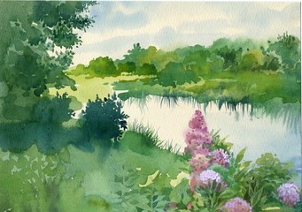 Watercolor Landscape Collection: Near the River - 55581481