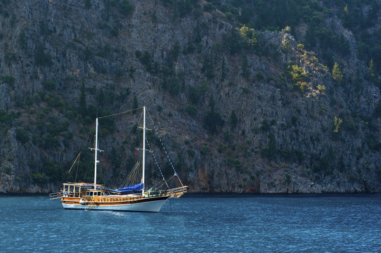 Turkish boat on blue water, a cruise in caicco
