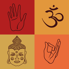 Fototapeta premium Isolated icons or seamless pattern of buddhism attributes