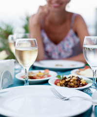 Romantic dinner with white wine.
