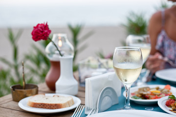 Romantic dinner with white wine.