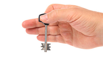Hand holds modern steel-plastic key.
