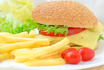 French fries and cheeseburger