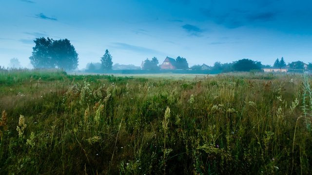 Misty Meadow and Small House near Moscow, Time Lapse, Russia