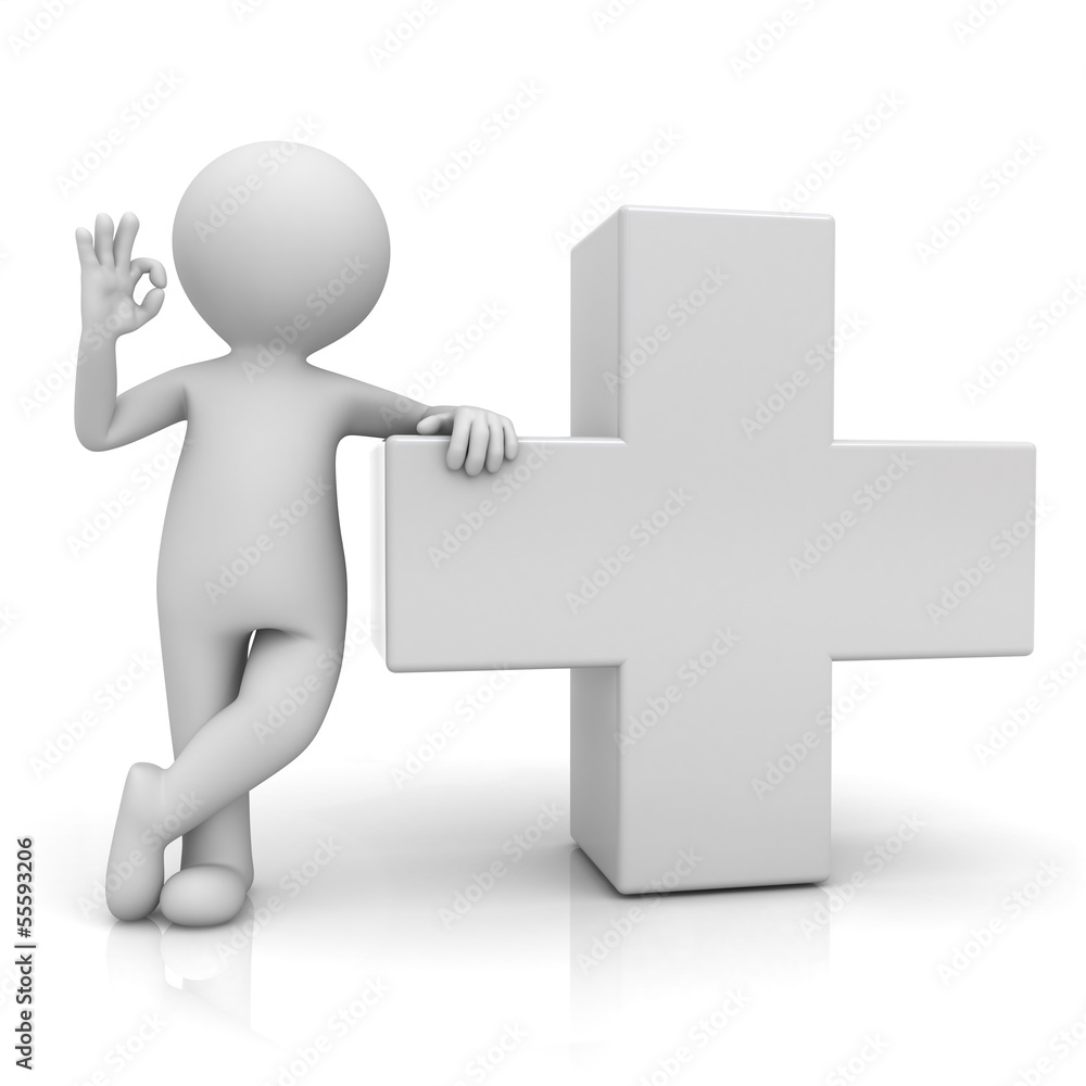 Poster 3d man showing okay gesture with white plus sign isolated