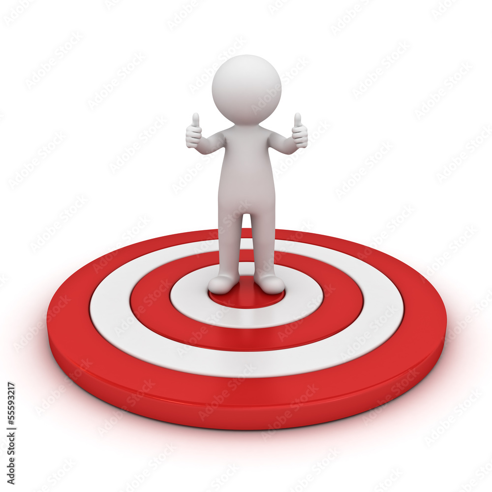 Aufkleber 3d man showing thumb up and standing on red target isolated