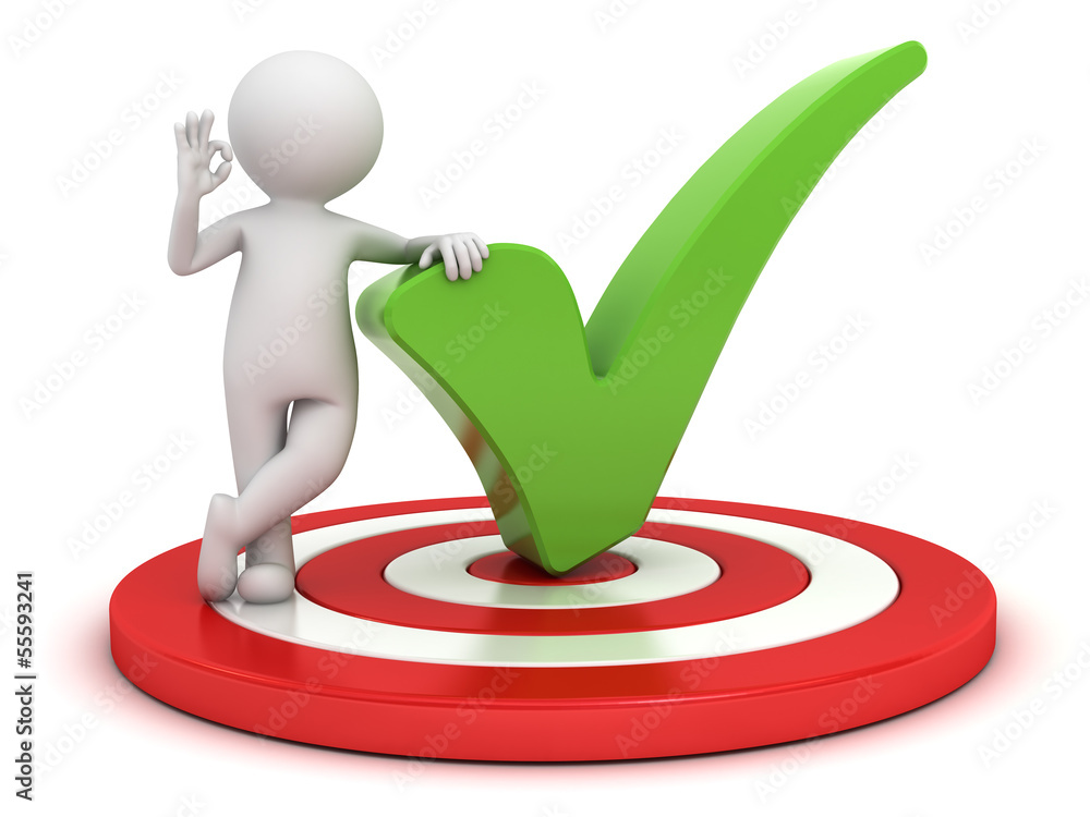 Aufkleber 3d man showing okay gesture with green check mark on dartboard