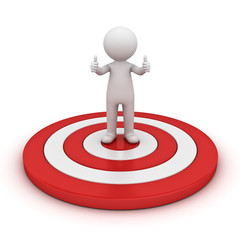 3d man showing thumb up and standing on red target isolated