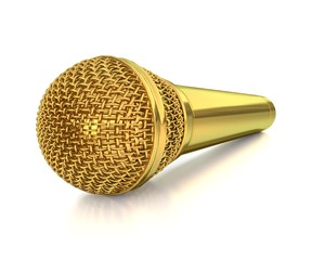 3d golden microphone isolated on white background