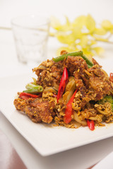 Deep fried soft shell crab with curry powder, Thai food.