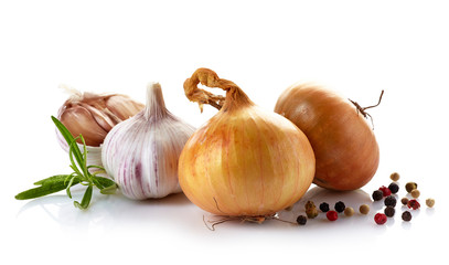 onions and garlic on a white background