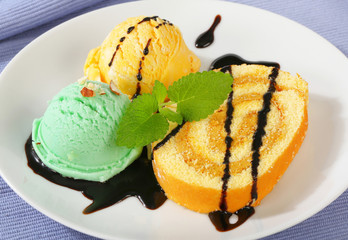 Swiss Roll with sherbets and chocolate drizzle