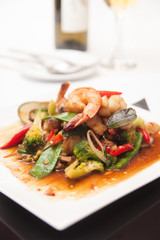 Thai stir fried seafood with tom yum sauce.
