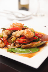 Thai stir fried seafood with tom yum sauce.