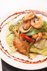 Thai stir fried seafood with Thai herb.