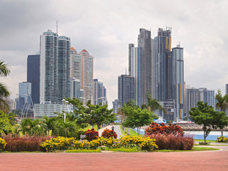 Panama City skyscraper and flowers