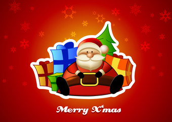 Sitting Santa with presents on red background.