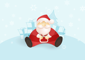 Siting Santa with presents and Christmas tree.