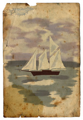 sailboat at sea. Old postcard. Isolated
