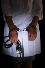 Doctor with stethoscope in handcuffs on dark background