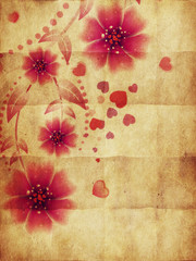 Pink flowers and hearts on paper
