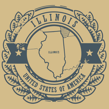 Grunge rubber stamp with name and map of Illinois, USA, vector