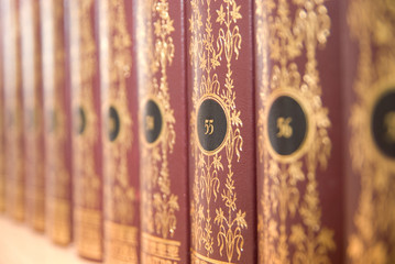 Books on a shelf in the library collection of works in the serie