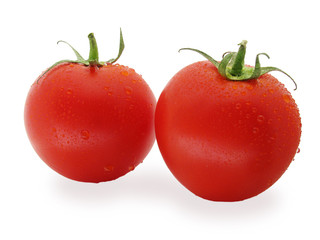 two wet tomatoes isolated on white