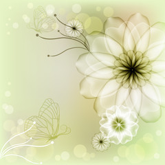 Elegant light green background with flowers and butterflies