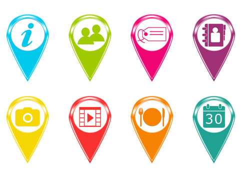 Set de iconos para marcadores en mapas con s&iacute;mbolos y colores