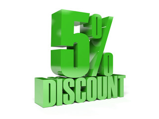 5 percent discount. Green shiny text. Concept 3D illustration.