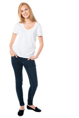 Fototapeta premium Attractive smiling woman in jeans