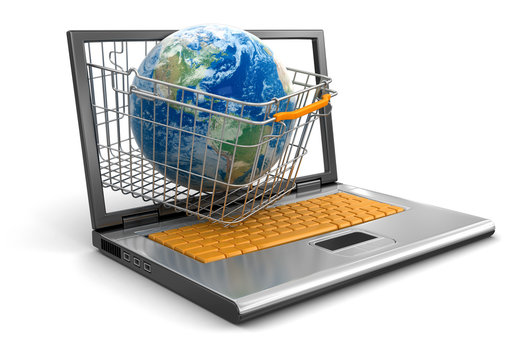 Laptop, Shopping Basket and Globe (clipping path included)