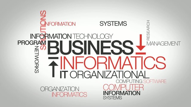 Business informatics IT management word tag cloud animation