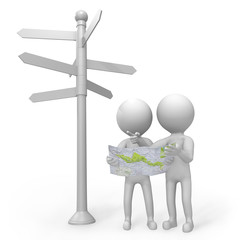 3d people standing at a signpost with a map