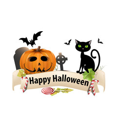 Halloween pumpkin realistic and a cat