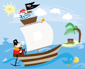 Pirate ship and island with treasure - vector illustration
