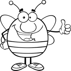 Black And White Pudgy Bee Cartoon Character Giving A Thumb Up